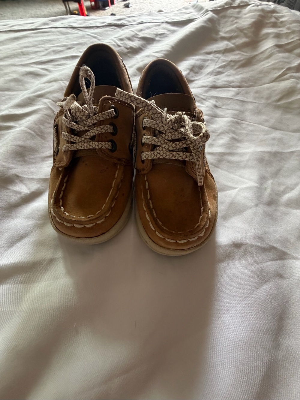 Sperry Boys' Tan Moccasin Boat Shoes with Patterned Laces